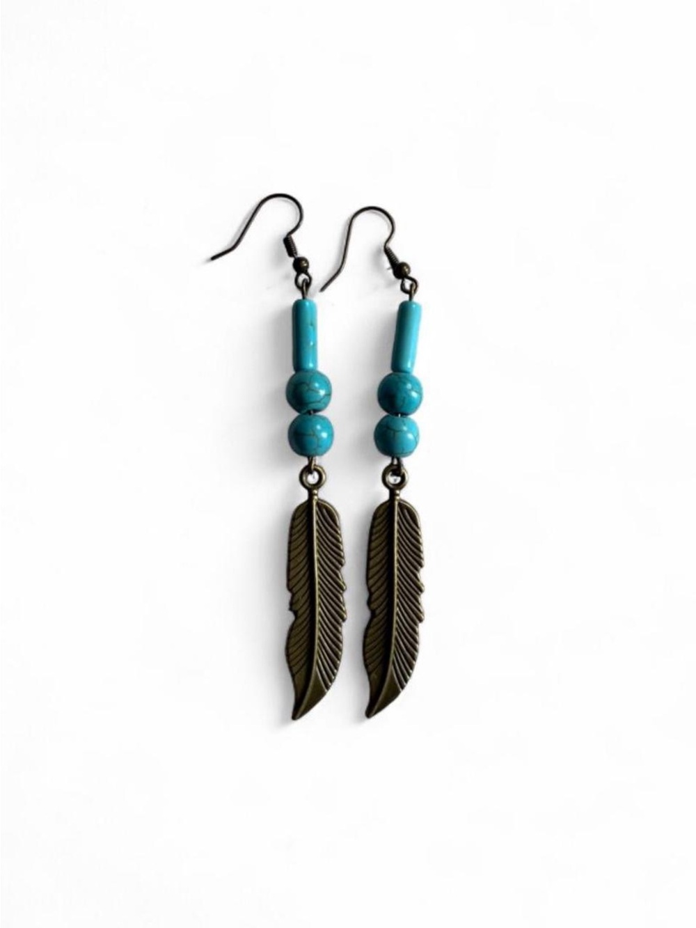 Handmade Turquoise Brass Feather Earrings Boho